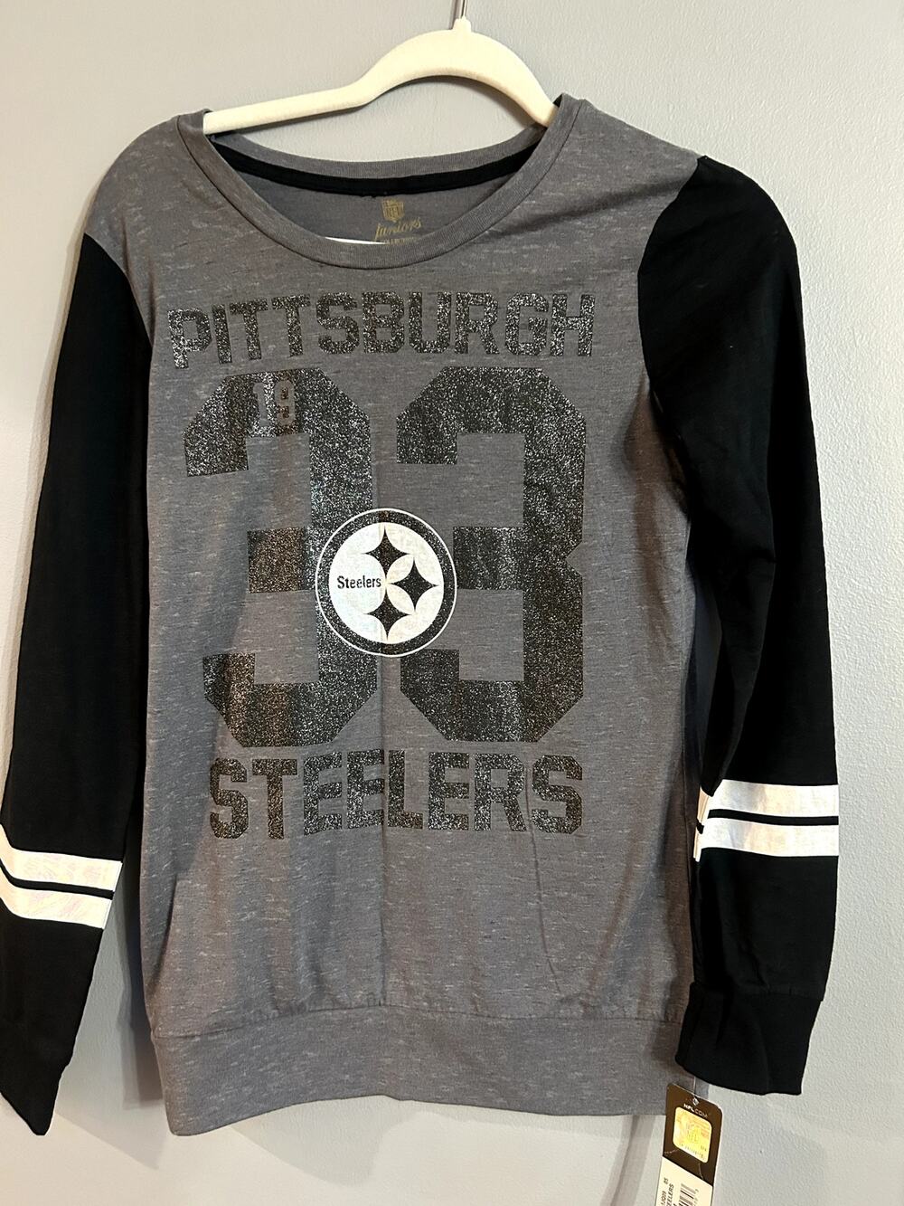 NFL Pittsburgh Steelers Women's M Jrs. ribbed hem Raglan Glitter iridescent L/S